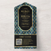 Retro Blauw Gouden Schalen Art Deco QR Code Bruilo All In One Uitnodiging (Binnen)
