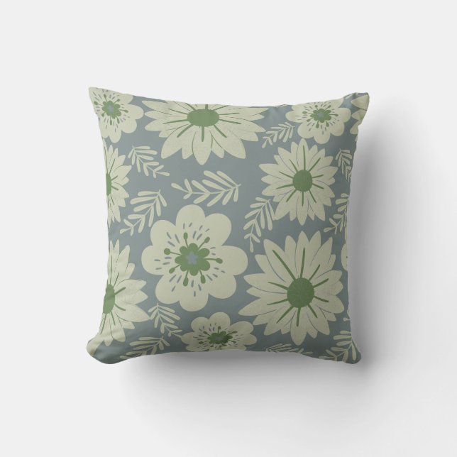 Retro  Blauw Groen Bloemen Kussen (Voorkant)