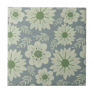 Retro  Blauw Groen Bloemen Tegeltje
