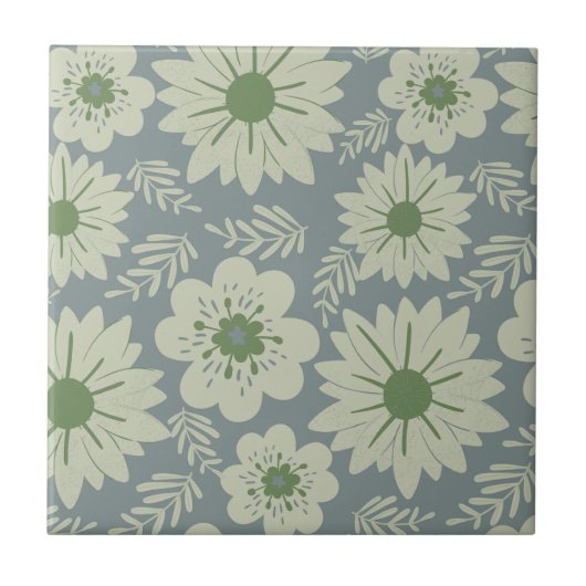Retro  Blauw Groen Bloemen Tegeltje (Voorkant)