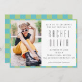 Retro Blauw Groen Schaakbord Bat Mitswa Foto Kaart (Voorkant / Achterkant)