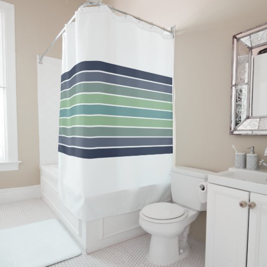 Retro blauw & groen surfboard gestreept douchegordijn (In situ)