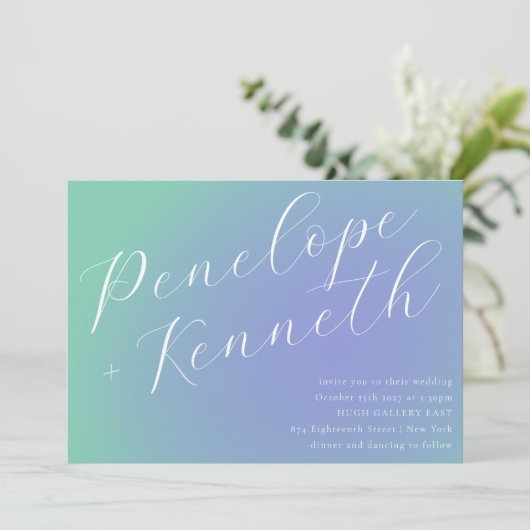 Retro Blauw Groen Verloop Elegant Script Bruiloft Kaart (Staand voorkant)