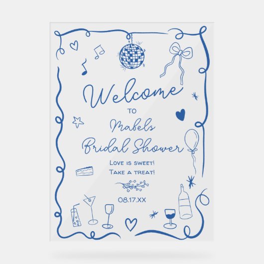 Retro blauw handgetekend geïllustreerd vrijgezelle acryl bord (Voorkant)