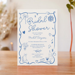 Retro blauw handgetekend geïllustreerd vrijgezelle kaart