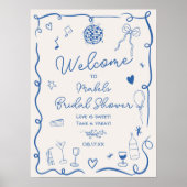 Retro blauw handgetekend geïllustreerd vrijgezelle poster (Voorkant)