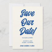 Retro Blauw Helder Funky Bold Moderne Unieke Bruil Save The Date (Voorkant)