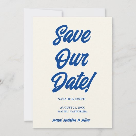 Retro Blauw Helder Funky Bold Moderne Unieke Bruil Save The Date (Voorkant)