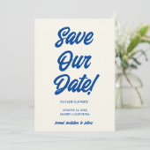 Retro Blauw Helder Funky Bold Moderne Unieke Bruil Save The Date (Staand voorkant)