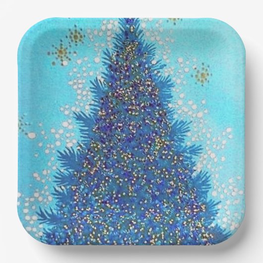 Retro  blauw kerstboomfeest bord (Voorkant)