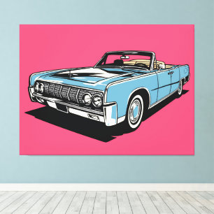 Retro Blauw Klassieke Cabrio Pop Art Canvas Afdruk