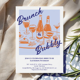 Retro blauw oranje “Brunch & Bubbyl” Bruidsdiner Kaart