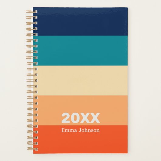 Retro blauw oranje geel strepen aangepaste naam planner (Voorkant)