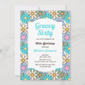 Retro Blauw Paarse Bloemen Groovy 60ste Verjaardag Kaart (Voorkant)