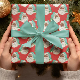 Retro Blauw Pet Zwart Santa Rood Xmas Verpakking P Cadeaupapier