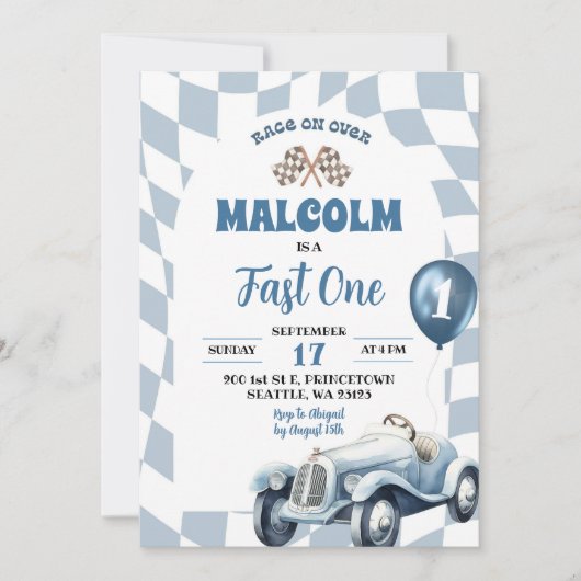  Retro Blauw Race Auto Snel Een 1e Verjaardag Kaart (Voorkant)