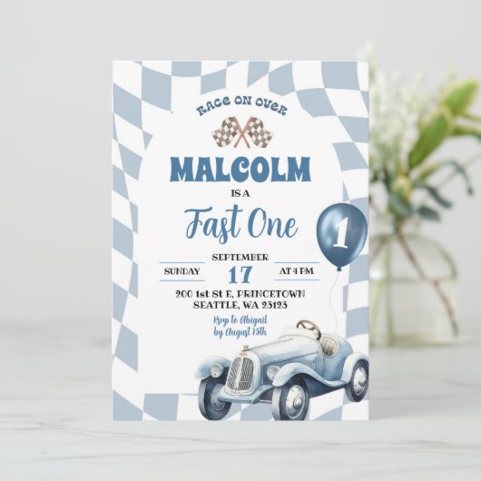 Retro Blauw Race Auto Snel Een 1e Verjaardag Kaart (Staand voorkant)