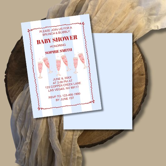 Retro Blauw Rood Border Brunch & Bubbly Baby showe Kaart