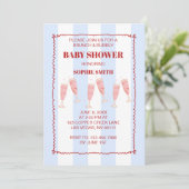 Retro Blauw Rood Border Brunch & Bubbly Baby showe Kaart (Staand voorkant)