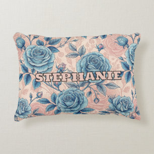 Retro Blauw Roos Patroon op Zacht Roze Achtergrond Accent Kussen