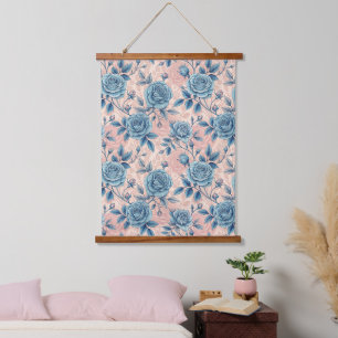 Retro Blauw Roos Patroon op Zacht Roze Achtergrond Hangend Wandkleed