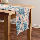 Retro Blauw Roos Patroon op Zacht Roze Achtergrond Korte Tafelloper (Voorbeeld)