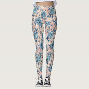 Retro Blauw Roos Patroon op Zacht Roze Achtergrond Leggings
