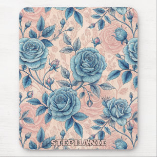 Retro Blauw Roos Patroon op Zacht Roze Achtergrond Muismat