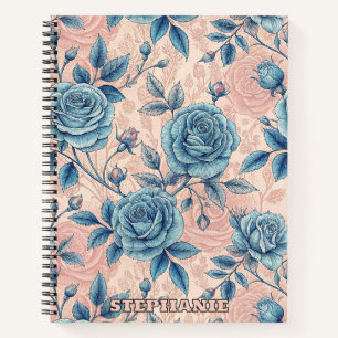 Retro Blauw Roos Patroon op Zacht Roze Achtergrond Notitieboek