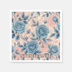 Retro Blauw Roos Patroon op Zacht Roze Achtergrond Servet