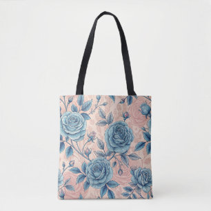 Retro Blauw Roos Patroon op Zacht Roze Achtergrond Tote Bag