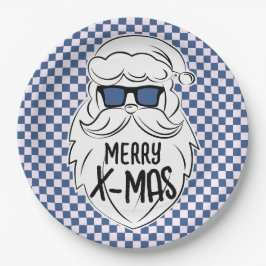 Retro Blauw Roze Geruite Kerstman Kerstmis Papieren Bordje