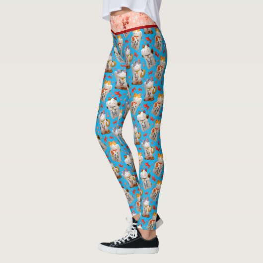 Retro Blauw Roze Japans Maneki Neko Kat en Koi Leggings (Links)