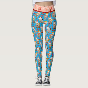 Retro Blauw Roze Japans Maneki Neko Kat en Koi Leggings