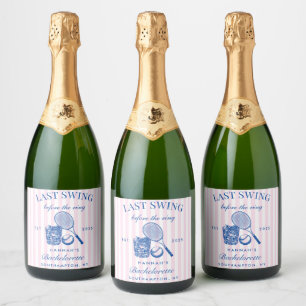 Retro blauw & roze tennis vrijgezellenfeest fonkel sparkling wijnetiket