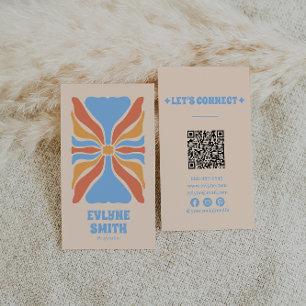 Retro Blauw Sinaasappel QR Code Groovy Floral Abst Visitekaartje