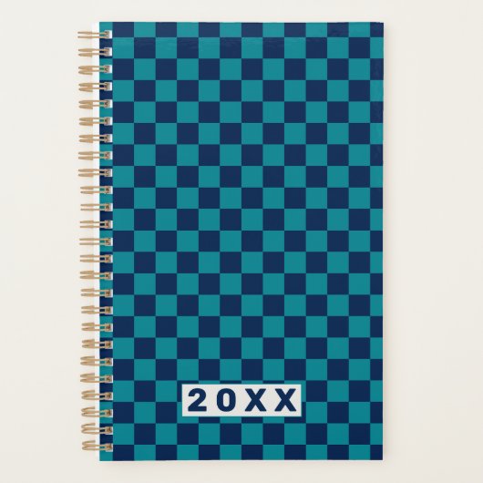 Retro Blauw Teal Schachbrett 2026 Planner (Voorkant)