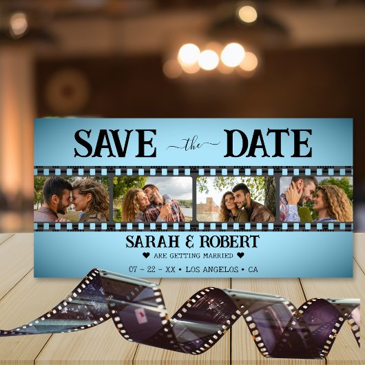 Retro Blauw Vignet Fotocollage Filmstrip Save The Date