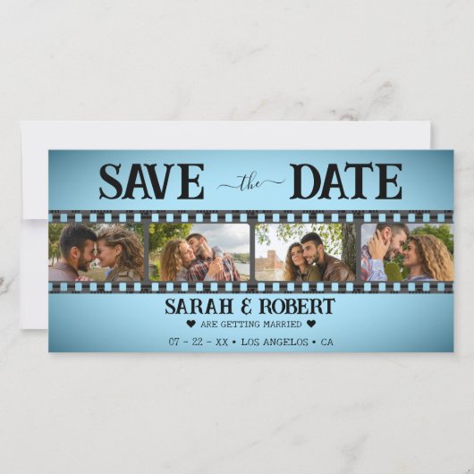 Retro Blauw Vignet Fotocollage Filmstrip Save The Date (Voorkant)