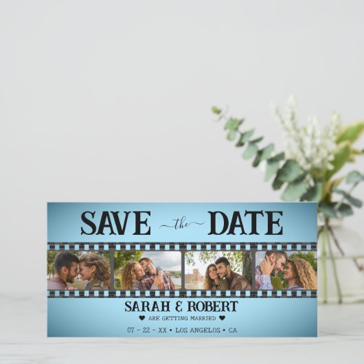 Retro Blauw Vignet Fotocollage Filmstrip Save The Date (Staand voorkant)