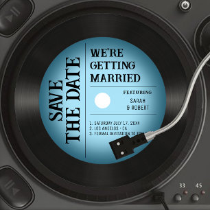 Retro Blauw Vignet Vinyl Record Bruiloft Save The Date