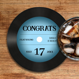 Retro Blauw Vinyl Record Bruiloft Gefeliciteerd Ronde Kartonnen Onderzetter