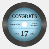 Retro Blauw Vinyl Record Bruiloft Gefeliciteerd Ronde Sticker (Voorkant)