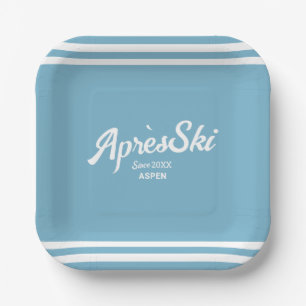 Retro Blauwe Apres Ski Aangepaste Skioord Feest Papieren Bordje
