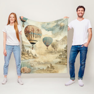 Retro Blauwe Ballon Antieke Reis Landschap Fleece Deken