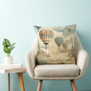 Retro Blauwe Ballon Antieke Reis Landschap Kussen