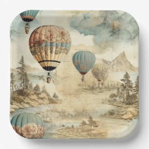 Retro Blauwe Ballon Antieke Reis Landschap Papieren Bordje