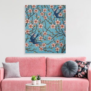 Retro Blauwe Bloem Swallow Patroon van Walter Cran Canvas Afdruk