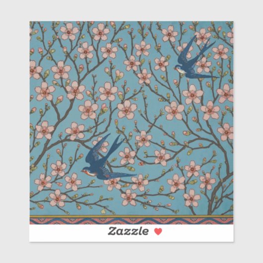 Retro Blauwe Bloem Swallow Patroon van Walter Cran Sticker (Vel)