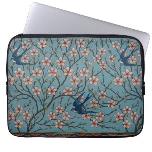 Retro Blauwe Bloemige Zwaluwnmotief van Walter Cra Laptop Sleeve